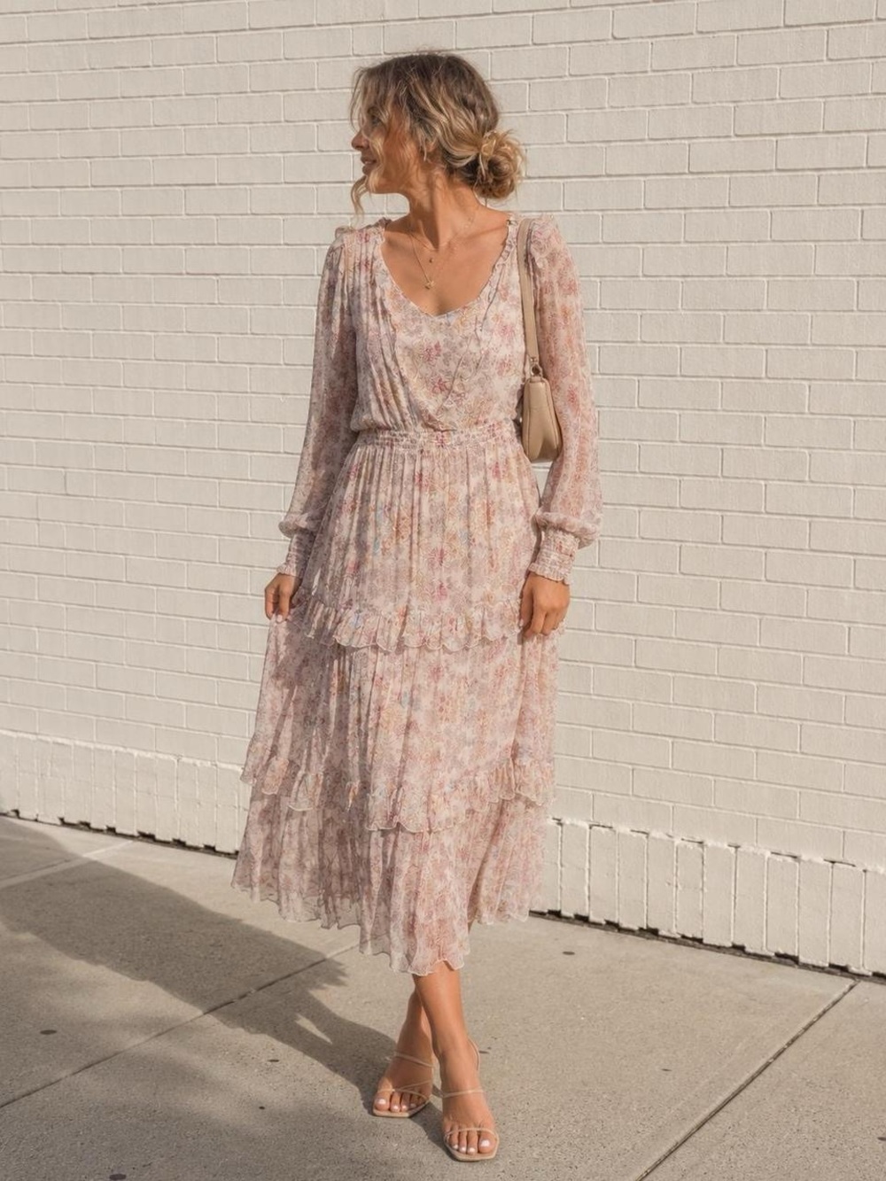 Sundance Romantic Desert Bloom Blush Pink Floral Tiered Midi Dress NWT